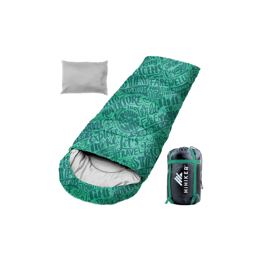 Camping Sleeping Bag + Travel Pillow w/Compact Compression Sack